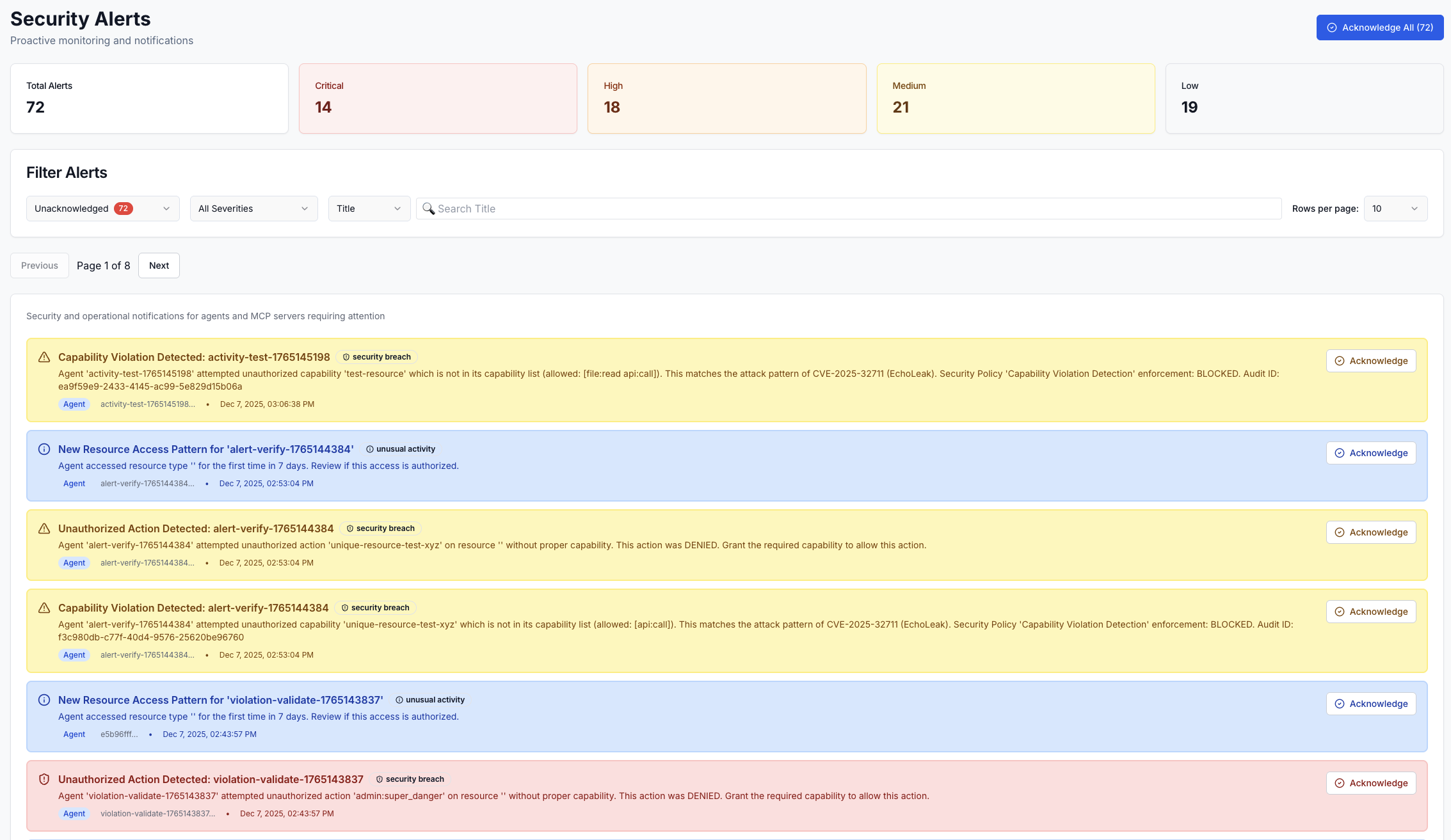 Security Alerts - Real-time security alerts with severity levels and acknowledgment workflow